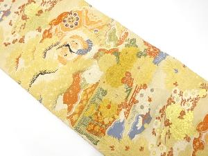 アンティーク　雪輪に鶴・松・屋敷風景模様織出し丸帯（材料）